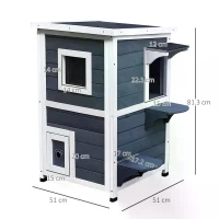 PawHut Wooden Cat House 2-Floor Outdoor Kitten Shelter with Window Grey(m-3)