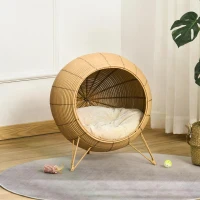 PawHut Wicker Cat Bed Elevated Rattan Kitten Basket Pet Den. House Cozy Cave with Soft Cushion D52 x 58cm Light Brown(m-10)
