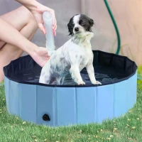 PawHut Foldable Dog Paddling Pool Pet Cat Swimming Pool Indoor/Outdoor Collapsible Summer Bathing Tub Shower Tub Puppy Washer (Φ100 x 30H cm, Blue)(m-2)