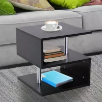HOMCOM Modern Square 2 Tier S Shape Wood Coffee Table Storage Shelf Living Room Side Rack-Black(m-7)