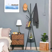 HOMCOM 180cm Free Standing Metal Coat Rack Stand 9 Hooks Clothes Tree with 1 Shelf Hat Display Hall Tree Hanger Bag Umbrella Hanging Organiser for Hallway Bedroom Waiting Room Living Room (Black)(m-2)