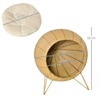 PawHut Wicker Cat Bed Elevated Rattan Kitten Basket Pet Den. House Cozy Cave with Soft Cushion D52 x 58cm Light Brown(m-3)