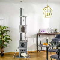 PawHut 255cm Floor To Ceiling Cat Tree for Indoor Cats Climber Scratching Post Adjustable Height Play Tower Removable Cover Grey(m-10)