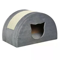 PawHut Cat House Kitten Condo Pet Bed Cave with Sisal Scratching Pad Plush Indoor Use for Rest and Play Grey(m-4)
