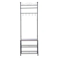 HOMCOM Entryway Multipurpose Metal Cloth Stand 3 Tier Shoe Rack w/ 5 Hooks - Black(m-5)