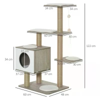 PawHut Cat tree Tower Climbing Activity Center Kitten Furniture with Jute Scratching Post Condo Ramp Perch Cushions Velcro Dangling Balls 60 x 48 x 122 cm Light Grey(m-3)