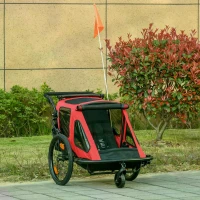 HOMCOM Child Bike Trailer 2 In1 Foldable Baby Stroller 2-Seater Transport Carrier with Adjustable Handlebar Storage Bag Reflector Flag 118L x 83W x 96H cm(Stroller)Red(m-2)