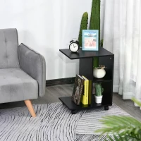 HOMCOM C-Shape End Table Unique Storage Unit w/ 2 Shelves 4 Wheels Freestanding Home Furniture Cabinet Square Black(m-2)