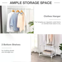 HOMCOM Minimalist Foldable Adjustable Clothes Rack Hanger w/ 2 shelves 107.5L x 45W x 150H cm Hallway Entryway Furniture - White(m-5)