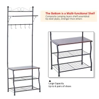 HOMCOM Entryway Multipurpose Metal Cloth Stand 3 Tier Shoe Rack w/ 5 Hooks - Black(m-4)