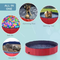 PawHut Foldable Dog Paddling Pool Pet Cat Swimming Pool Indoor/Outdoor Collapsible Summer Bathing Tub Shower Tub Puppy Washer (Φ160 × 30H cm, Red)(m-4)