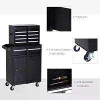 DURHAND Tool Chest 2 in 1 Metal Tool Cabinet Storage Box with 5 Drawers Pegboard Wheels 60x28x104.5cm Black(m-5)