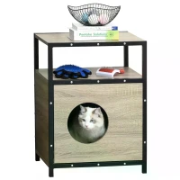 PawHut Wooden Cat House Kitty Shelter Bed with Cushion Cat litter box End Table Hideaway Cabinet with Storage Grey 48 cm x 40 cm x 64.5 cm(m-4)