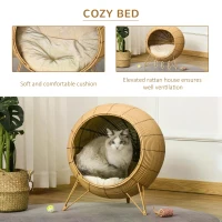 PawHut Wicker Cat Bed Elevated Rattan Kitten Basket Pet Den. House Cozy Cave with Soft Cushion D52 x 58cm Light Brown(m-5)