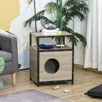 PawHut Wooden Cat House Kitty Shelter Bed with Cushion Cat litter box End Table Hideaway Cabinet with Storage Grey 48 cm x 40 cm x 64.5 cm(m-7)