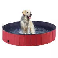PawHut Foldable Dog Paddling Pool Pet Cat Swimming Pool Indoor/Outdoor Collapsible Summer Bathing Tub Shower Tub Puppy Washer (Φ160 × 30H cm, Red)(m-11)