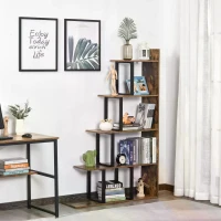 HOMCOM Industrial Style Wooden 5-Tier Ladder Bookcase Indoor Corner Shelf  for Livingroom, Office - Rusty Brown(m-7)