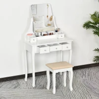 HOMCOM Dressing Table Set with 360° Spin Mirror and Cushioned Stool, Makeup Vanity Dresser Desk with 5 Drawers for Bedroom, White(m-7)