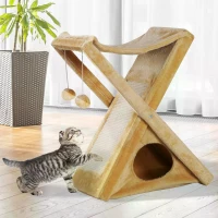 PawHut Two Tier Cat Tree Play Rest Activity Tower Plush Folding Relax Center w/ Scratching Post Hammock Pom Poms Yellow(m-10)