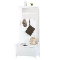 HOMCOM Coat Rack Shoe Bench with Storage 4 In 1 Hall Tree for Entryway Hallway Organizer with Cabinet 3 Hooks Mirrors White(m-7)