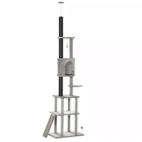 PawHut 255cm Floor To Ceiling Cat Tree for Indoor Cats Climber Scratching Post Adjustable Height Play Tower Removable Cover Grey(m-7)