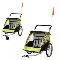 HOMCOM Child Bike Trailer 2 In1 Foldable Baby Stroller 2-Seater Transport Carrier with Adjustable Handlebar Storage Bag Reflector Flag 160L x 84W x 106H cm Green(m-4)
