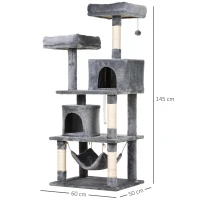 PawHut 145cm Cat Tree Multi-tier Activity Center Scratcher Pet Condo House Tower Hammock & Toys, Grey(m-3)