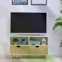 HOMCOM TV Stand with Shelf & Drawers Storage Cabinet Media Entertainment Center Modern White and Natural Wood Color(m-2)