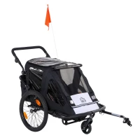 HOMCOM Child Bike Trailer 2 In1 Foldable Baby Stroller 2-Seater Transport Carrier with Adjustable Handlebar Storage Bag Reflector Flag Black(m-1)