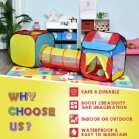 HOMCOM 3 in 1 Pop Up House Tent Play Tunnel Set Toddlers Crawl Tunnel Kids Playhouse Indoor Outdoor Garden Use Multicolor 230 x 70 x 89 cm(m-6)
