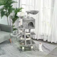 PawHut 125cm Plush Cat Tree Activity Center Sisal Rope Scratching Posts Hanging Ball Basket Perch Condo Grey(m-10)