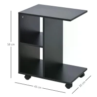 HOMCOM C-Shape End Table Unique Storage Unit w/ 2 Shelves 4 Wheels Freestanding Home Furniture Cabinet Square Black(m-12)