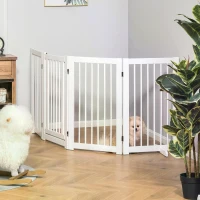 PawHut Freestanding Pet Gate 4 Panel Wooden Dog Barrier Folding Safety Fence with Support Feet Walkthrough Door up to 204cm Wide 75cm Tall for Doorway Stairs White(m-4)