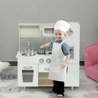 HOMCOM Kids Wooden Pretend Play Toy Kitchen Cooking Set Role Play Phone for Boys Girls White(m-10)