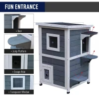 PawHut Wooden Cat House 2-Floor Outdoor Kitten Shelter with Window Grey(m-6)