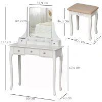 HOMCOM Dressing Table Set with 360° Spin Mirror and Cushioned Stool, Makeup Vanity Dresser Desk with 5 Drawers for Bedroom, White(m-3)