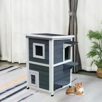 PawHut Wooden Cat House 2-Floor Outdoor Kitten Shelter with Window Grey(m-2)