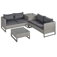 Outsunny 4 PCs PE Rattan Wicker Sofa Set Outdoor Conservatory Furniture Lawn Patio Coffee Table w/ Side Storage Box & Cushion, Grey(m-1)