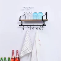 HOMCOM 21x48cm On-Wall Shelf & Rail 8 Hook Unit Metal Frame Wood Board Storage Display Organisation Home Bedroom Hallway Furniture Water-Resistant Natural Finish(m-10)