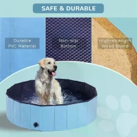 PawHut Foldable Dog Paddling Pool Pet Cat Swimming Pool Indoor/Outdoor Collapsible Summer Bathing Tub Shower Tub Puppy Washer (Φ120 × 30H cm, Blue)(m-7)
