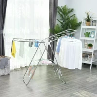 HOMCOM Clothes Rail Drying Rack Adjustable Stainless Steel, Folding, Lightweight, Indoor and Outdoor, Silver White(m-2)