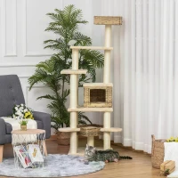 PawHut Cat tree Tower 174cm Climbing Activity Center Kitten with Sisal Scratching Post Condo Perch Hanging Balls Toy Cushion PE Rattan(m-7)