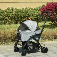 PawHut No-zip Detachable Pet Stroller Foldable Dog Cat Travel Carriage 2-In-1 Design Carrying Bag with Universal Wheel Brake Canopy Basket Storage Bag Grey(m-2)