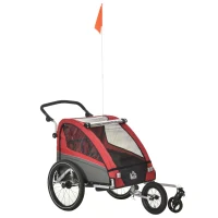 HOMCOM Child Bike Trailer 3 In1 Foldable Jogger Stroller 2-Seater Baby Stroller Transport Carrier with Shock Absorber System Adjustable Handlebar Storage Bag Red(m-11)