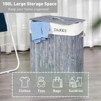 HOMCOM 100L Collapsible Natural Wood Laundry Hamper Organizer Clothes Washing Basket Bin Storage Box w/Lid Removable Lining 52x32x63cm, Grey(m-4)
