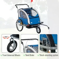 HOMCOM Bike Trailer 2-Seater Child Stroller for Bicycle Baby Jogger with Removable Canopy Storage Pocket Outdoor Steel Frame Blue(m-5)