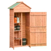 Outsunny 89 x 50cm 4-Tier Wooden Garden Storage Shed 3 Shelves Utility Gardener Cabinet Lockable Double Doors Tool Kit Storage - Natural(m-11)