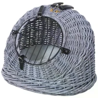 PawHut Wicker Pet Carrier Basket Cat Kitten Bed Portable Travel Cage  w/ Soft Cushion Handle  Grey 50 x 40 x 40 cm(m-9)
