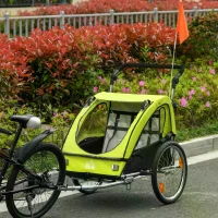 HOMCOM Child Bike Trailer 2 In1 Foldable Baby Stroller 2-Seater Transport Carrier with Adjustable Handlebar Storage Bag Reflector Flag 160L x 84W x 106H cm Green(m-2)