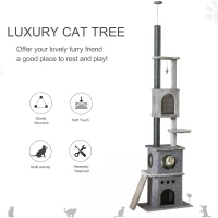 PawHut 255cm Floor To Ceiling Cat Tree for Indoor Cats Climber Scratching Post Adjustable Height Play Tower Removable Cover Grey(m-6)